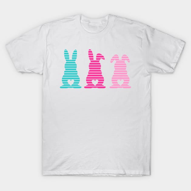 Three Easter Striped Bunnies with Heart Shaped Tails T-Shirt by deelirius8